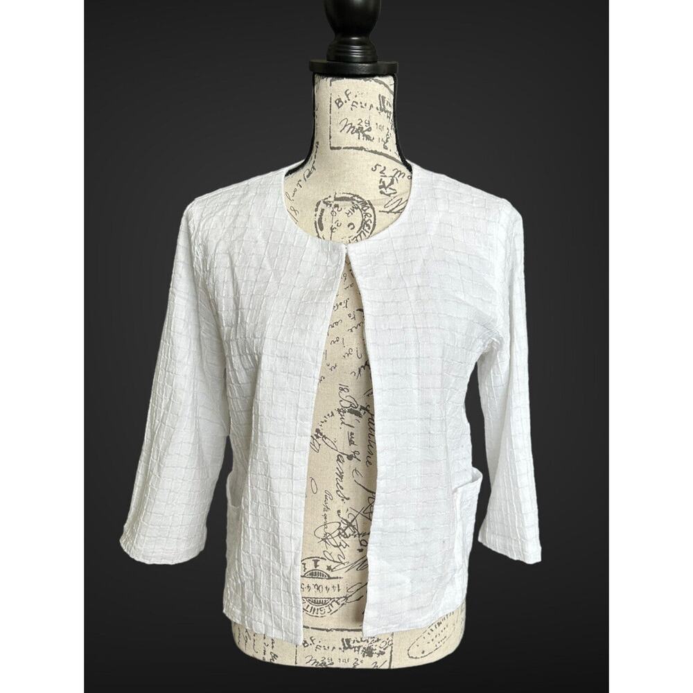 Chico's Size 0 Small White Waffle Knit Lined Open Cardigan Blazer Pockets